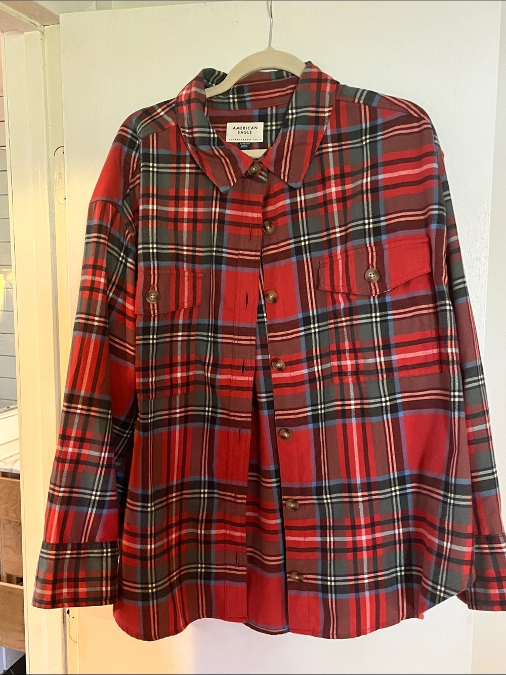 American Eagle Outfitters Red Plaid Button-Up Shacket